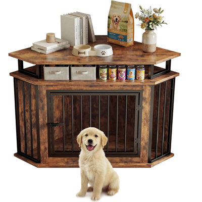 44" Corner Dog Crate Furniture With 2-tier Shelves, Wooden Indoor Kennel For Small & Medium Dogs, Rustic Brown (23.6" L X 43.3" W X 32.3" H)