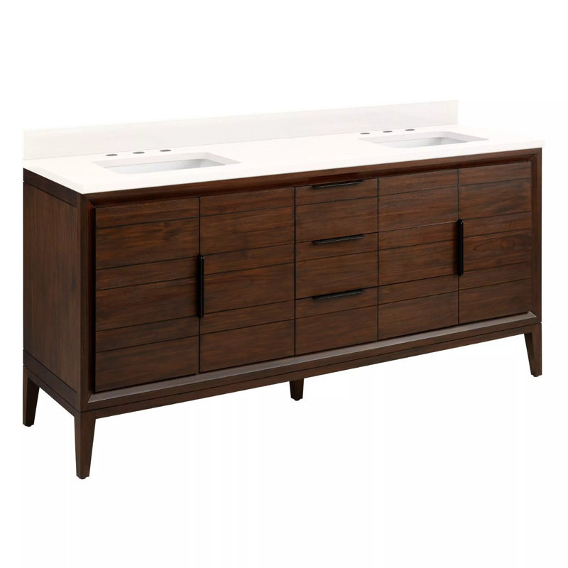Aliso 72" Double Bathroom Vanity, 8" Widespread, 34'' H x 72'' W x 22'' D, Carrara Marble / Natural Teak