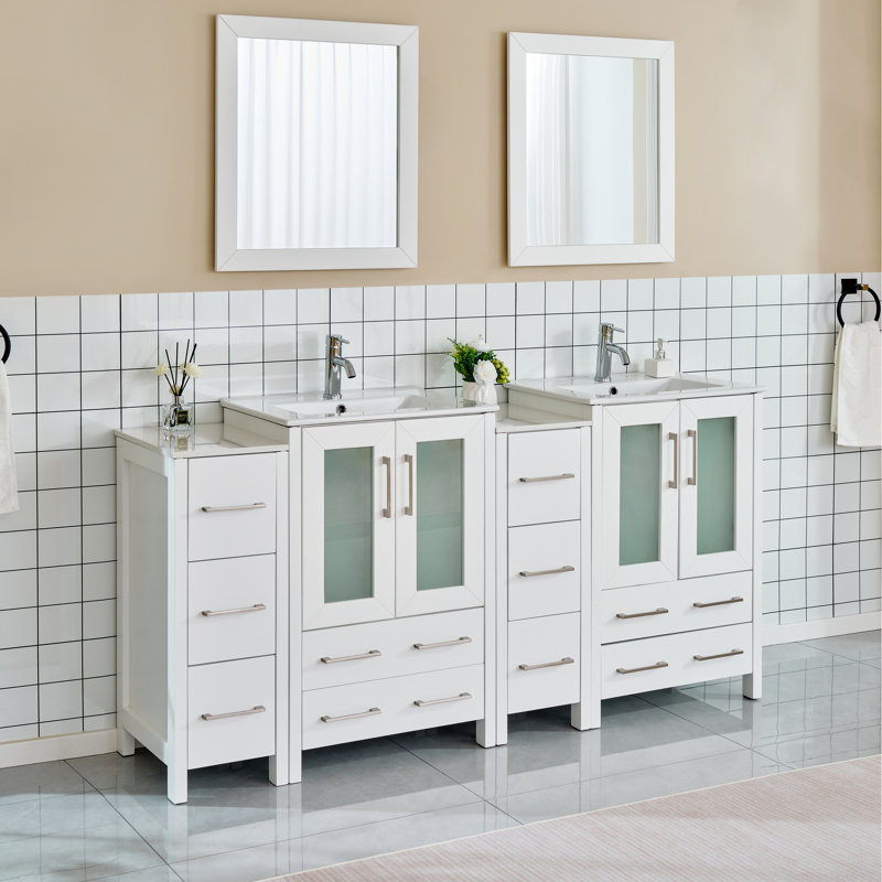  Meuble-lavabo autoportant moderne à double cuve 72 po avec plateau en céramique et miroirs assortis, Blanc