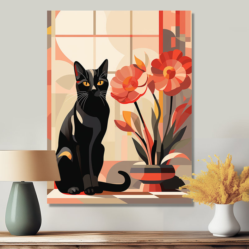 Chat rétro noir assis près de fleurs rouges - chat, art mural dans le salon, H 20 po x l 12 po x P 1 po, Métal métal