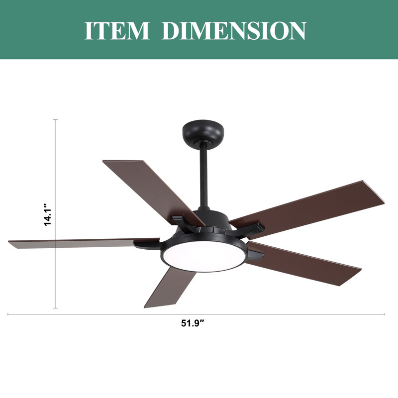 52 Inch Modern Black Ceiling Fan With Light And Remote, Silent DC Motor 6 Speeds Chandelier Ceiling Fan For Bedroom, Black