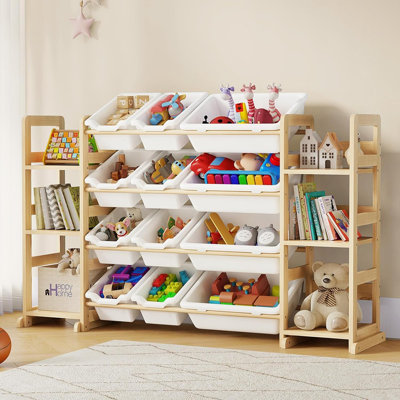 Rangement à jouets en bois avec 6 tablettes latérales et 12 bacs - Bibliothèque 3-en-1 pour les pièces, la salle de jeux ou la chambre de bébé (blanc)