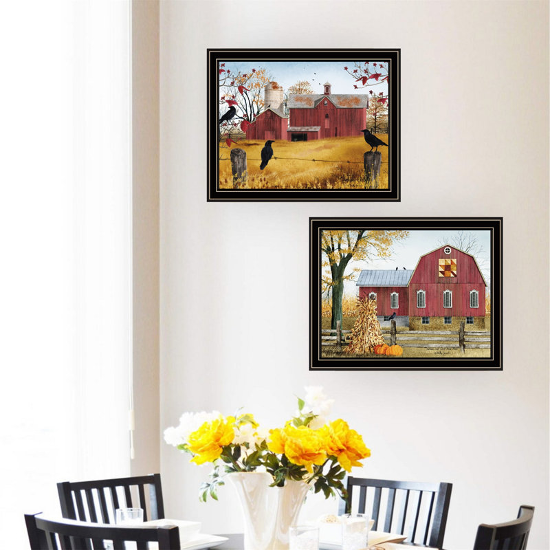 Trendy Decor 4U 2- Piece Vignette Autumn Red Barns White Framed Wall Art, Black