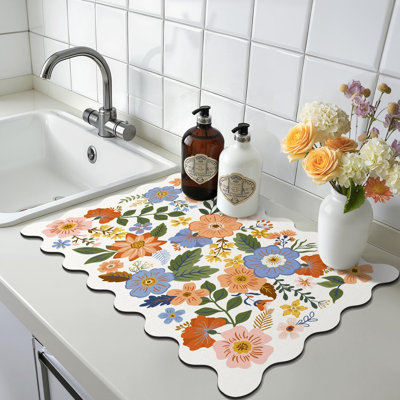 Scalloped Floral Dish Drying Mat, Colorful Floral