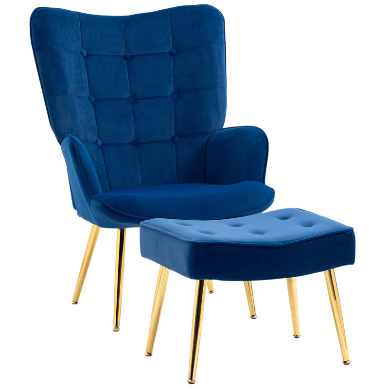 Fogleman 71Cm Wide Tufted Velvet Armchair and Ottoman, Dark Blue