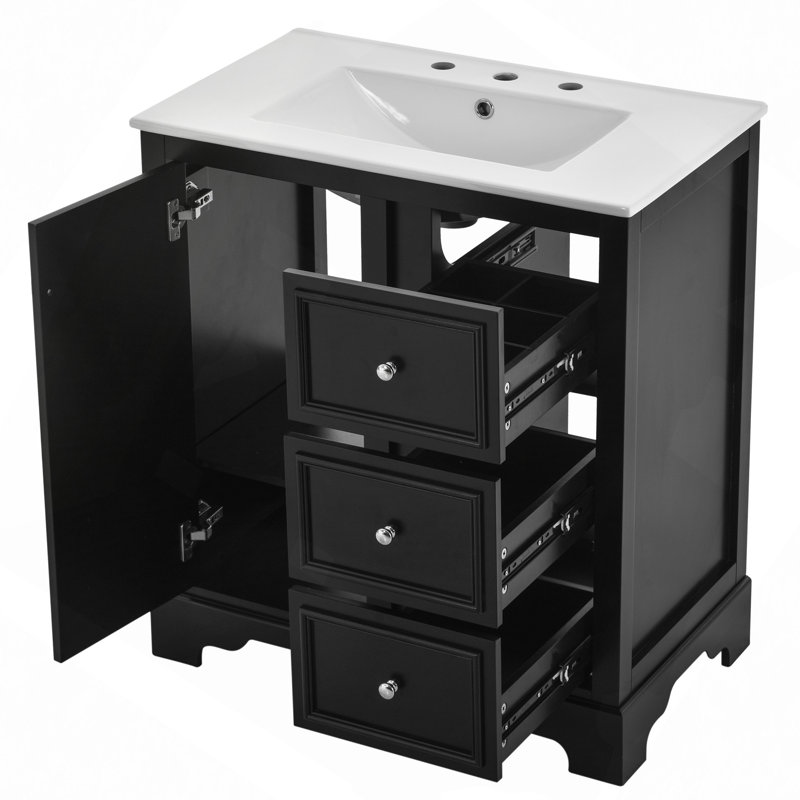 Meuble-lavabo 30 po avec lavabo en céramique, 3 tiroirs et tablettes réglables, Noir