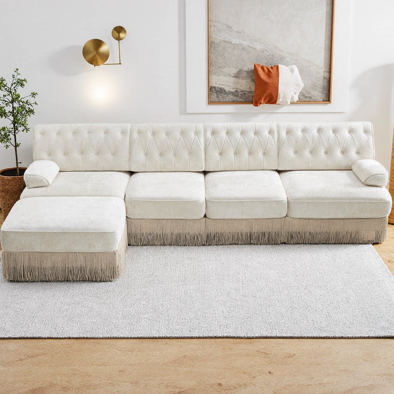 135" L-Shaped Pet-Friendly Velvet Sectional Sofa with Ottoman, Chesterfield Style Button Tufting & Tassel Skirt, 4-Seater Modular Couch with Curved Arms for Living Room, Bedroom