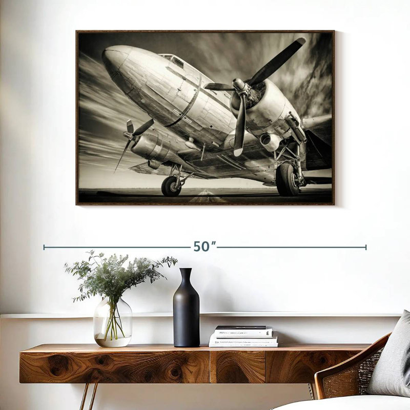 Avion rétro monochrome, Cadre flottant noyer, 40 po x 27 po