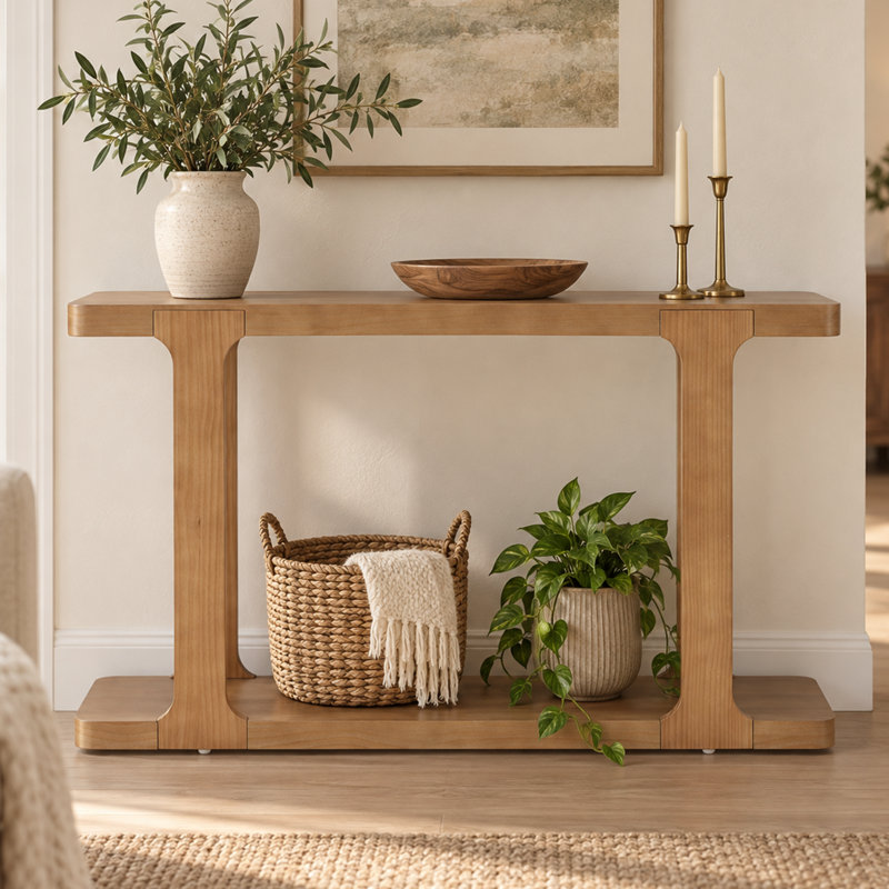 Console moderne en placage de pin aux bords arrondis, avec étagère ouverte et pieds en bois massif, idéale pour un hall d'entrée, un salon, un corridor ou un dossier de canapé.