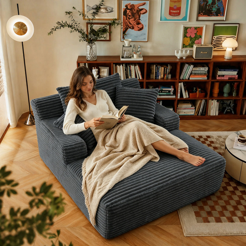 Chaise longue surdimensionnée en chenille de 67 po avec coussins, siège de lecture moderne pour salon, Gris foncé