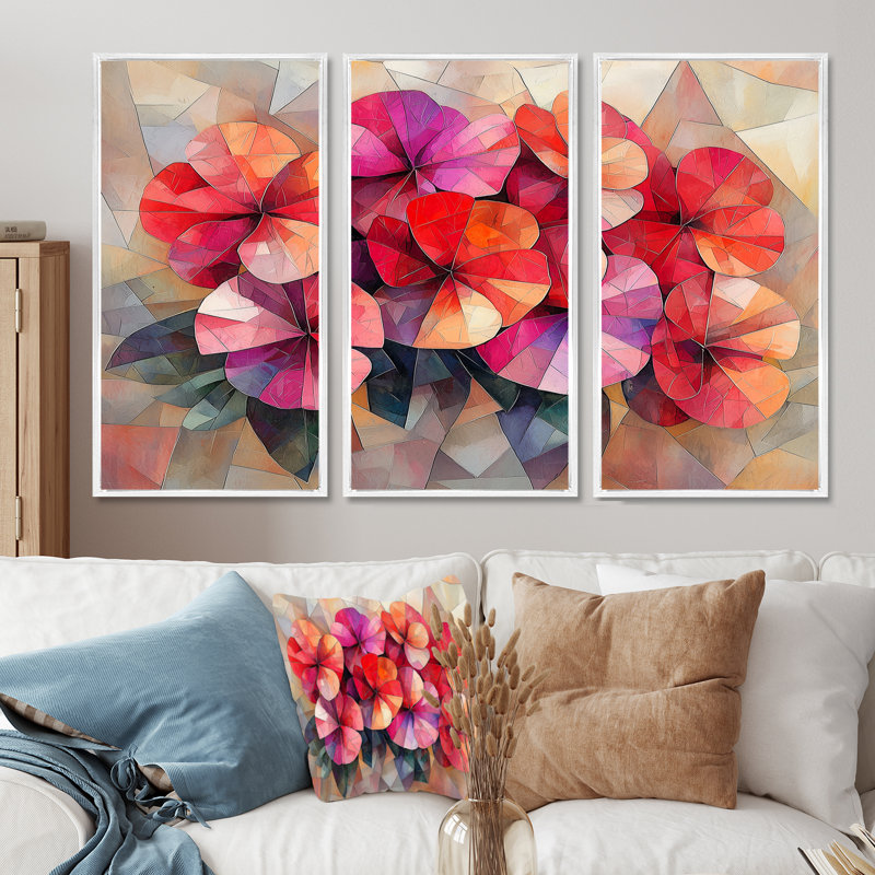 «Geanium Geranium Blossoms Cubist» - art mural géraniums - ensemble de 3, Impression encadrée sans passe-partout, Blanc