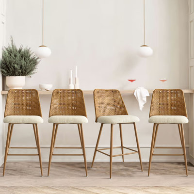 Camili Set of 4 Rattan 27" Upholstered Boucle Full Back Counter Stool