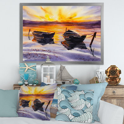 Coucher de soleil et deux petits bateaux stationnant sur la côte - Peinture sur toile