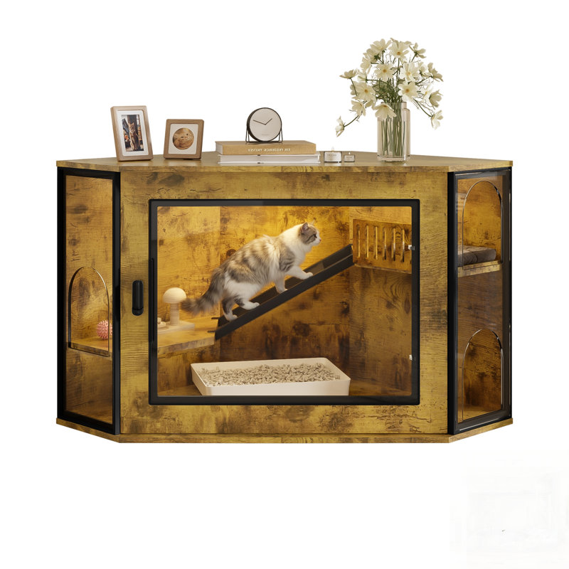 Enceinte de coin pour chat avec porte en acrylique, lumière DEL et aire de jeu à plusieurs niveaux, maison de chat compacte et élégante