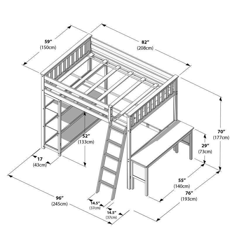 Lit mezzanine double Ermal avec bibliothèque et bureau, Blanc