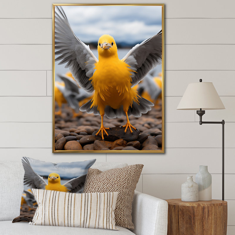 «Tiffanie Grey and Yellow Dancing Seagulls», reproduction d'art sur toile, H 40 po x l 30 po x P 1,5 po, Cadre flottant doré