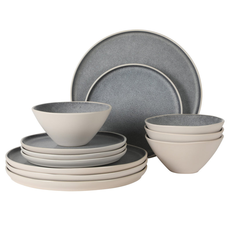 Ensembles d'assiettes et de bols Gibson Elite Coastal Forest, ensembles de vaisselle en grès 12 pièces, ensemble de plats à triple glacis réactif - gris et blanc crème