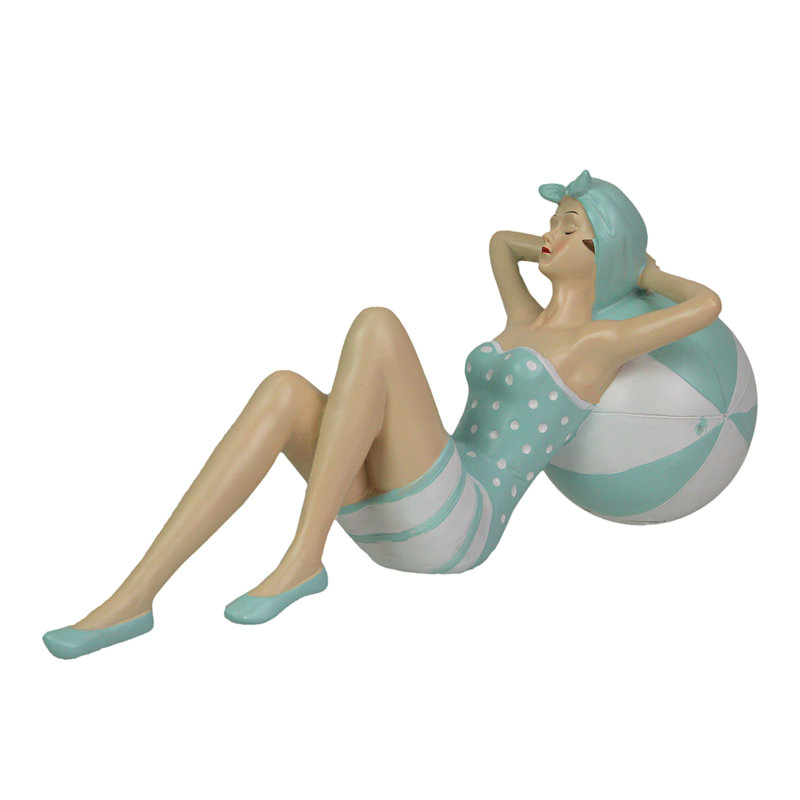 Figurine de décor de plage en polyrésine moulée à froid Meis, maillot de bain à pois bleu clair - 11,75 po x 5 po x 5,5 po