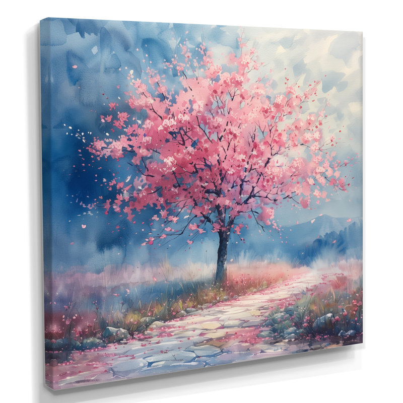 Fleur de cerisier en fleurs rose et bleu printemps III - art mural cerisier en fleurs, Toile tendue, 36" H x 36" W