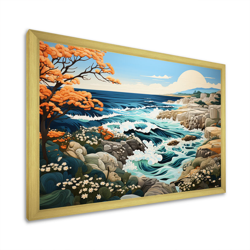 Paysage de plage sauvage III sur toile, Cadre doré à coins fermés, H 24 po x l 32 po x P 1 po