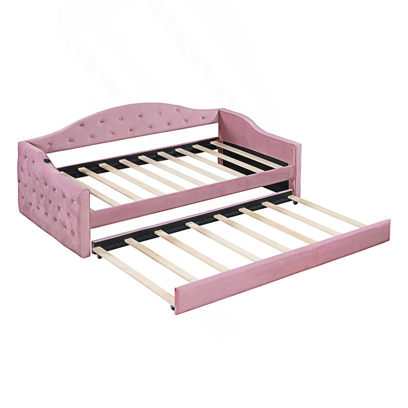Modern Style Twin Size Tufted Upholstered Daybed With Trundle, Sofabed With USB&Type-C Charging Ports, Pink