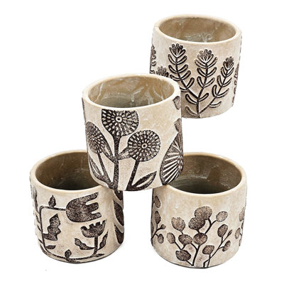 Of 4, Gray Sand - Cement Planters, Brown Botanical Designs, Home Decor And Planter Of 4.3X4.3X4 Inches, Elements For Room