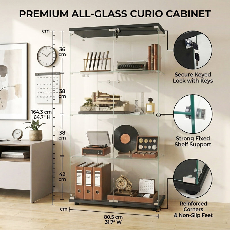 4-Tier Double Door Glass Display Cabinet,  Large Floor Standing Curio Cabinet with Toughened Glass, Optional LED Lighting, Black / White
