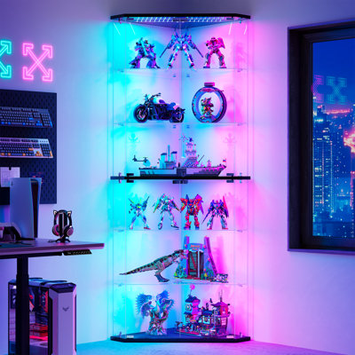 6-Tier Corner Display Cabinet with Glass Doors, RGB Lights, Solid Wood Panels & Lockable Storage