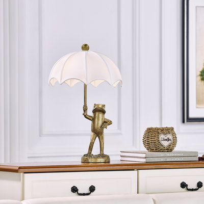 23" Gold Resin Frog Table Lamp With Linen Umbrella Shade