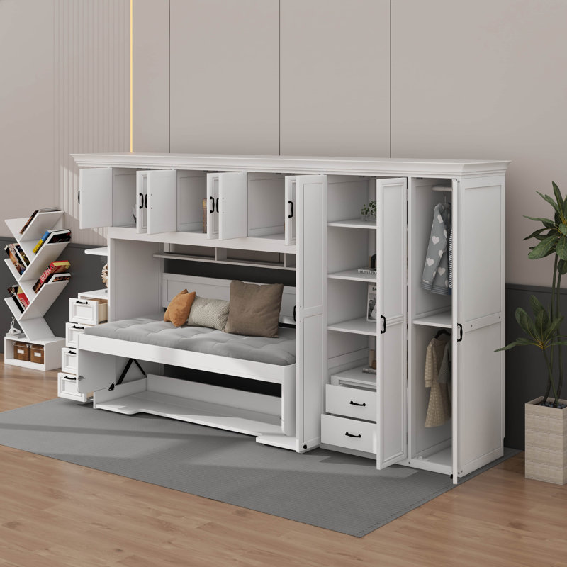 Twin Size Murphy Bed Wall Bed With Wardrobe, Cabinet And Desk, White