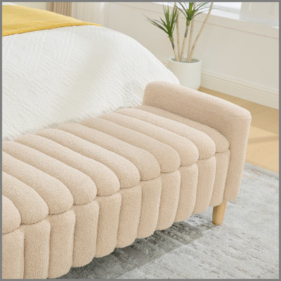 63.4"W Modern Upholstered End of Bed Bench, Wave Channel Tufted Flip-Top Storage Accent Window Footrest Stool with Armrests & Solid Wood Legs For Bedroom Entryway, Dining Room, Living Room, Wheat