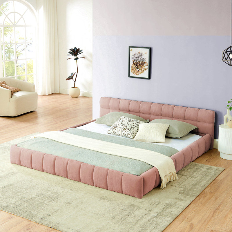 Très grand cadre de lit tapissier très grand avec tissu épais, lit plateforme très grand en chenille avec tête de lit et structure solide. Aucun sommier tapissier requis - rose (88,5 po x 85,5 po x 24 po)