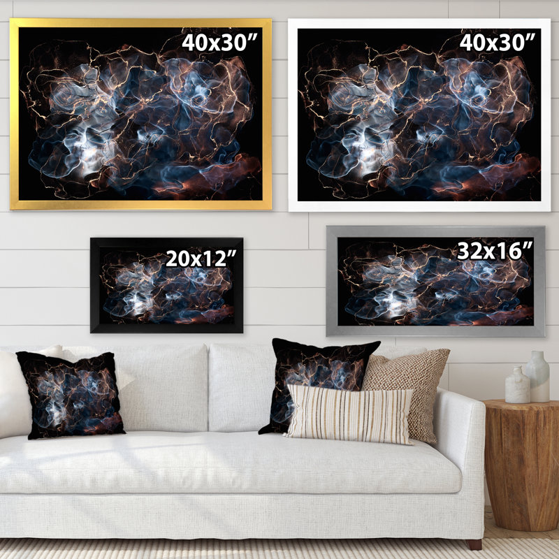 Noir et bleu liquide sur bleu - Peinture sur toile, H 16 po x l 32 po, Cadre photo noir