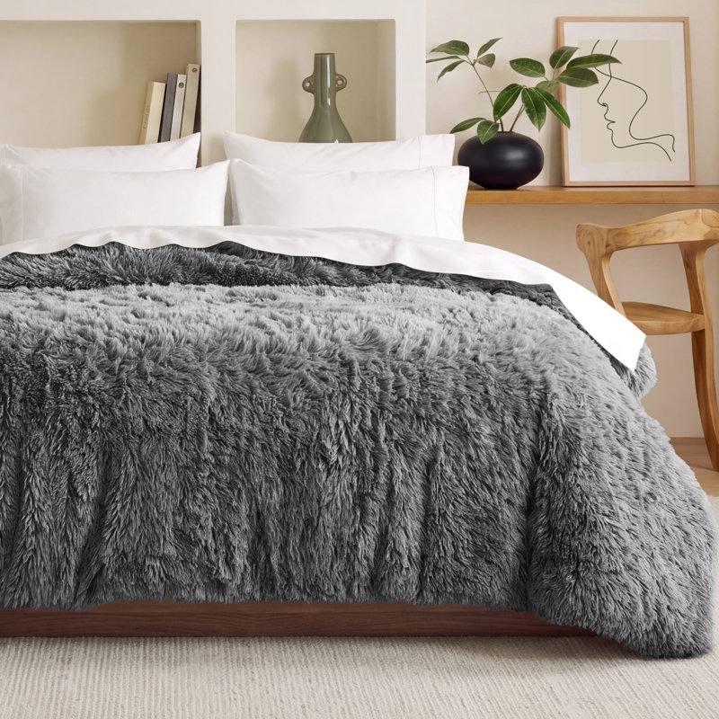 Shaggy Fleece Plush Duvet Cover, King/California King Duvet Cover, Gray