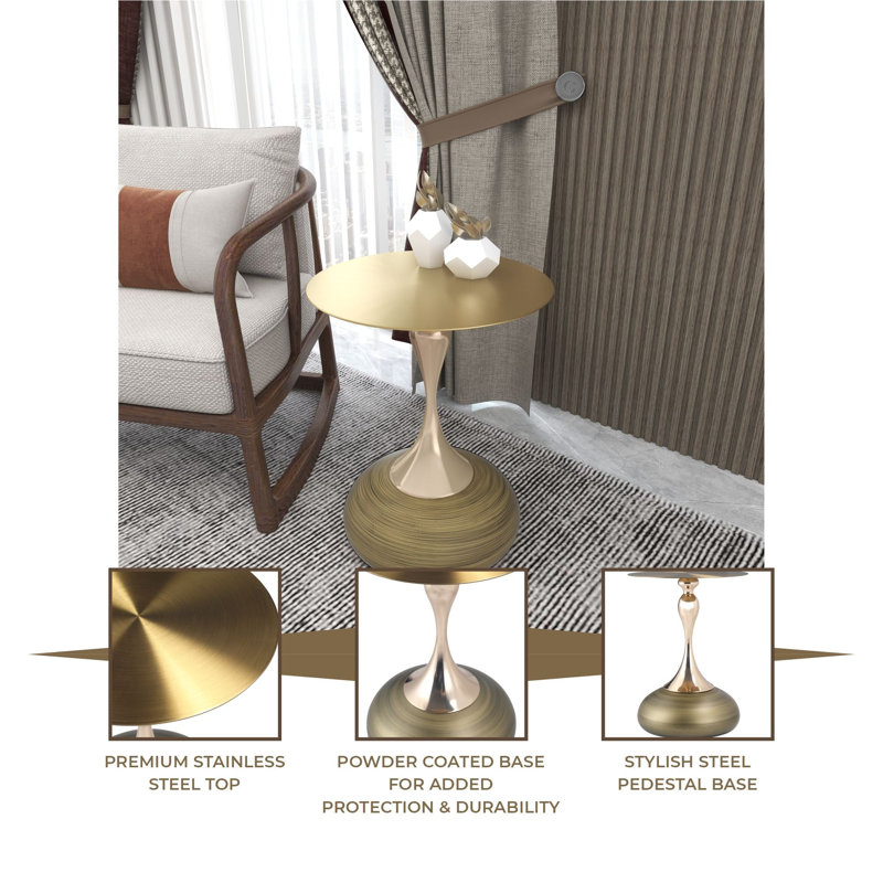 Kalup Gold Round Stainless Steel Side Table with Brushed Finish and Artistic Pedestal Base, Modern End Table for Living Room or Bedroom, No Assembly Required