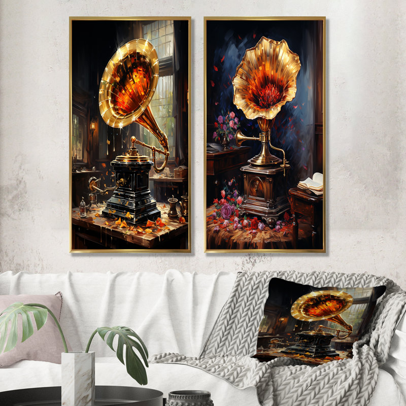 «Gold Phonographs Elegance I», ensemble de 2 reproductions d'art sur toile, Cadre flottant doré, H 28 po x l 25 po