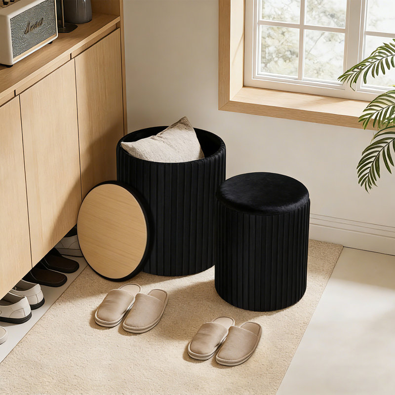 Ensemble de 2 repose-pieds ronds avec rangement, tabouret de coiffeuse avec rangement pour la chambre à coucher, table basse avec repose-pieds, petit tabouret de pieds en velours pour le salon