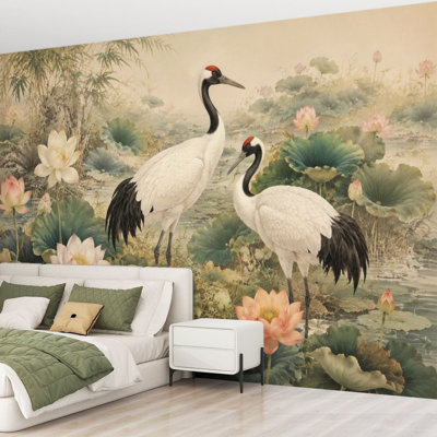 Wall Mural Peel and Stick Wallpaper Elegant Cranes Amid Blooming Lotus Flowers Green Leaves Self-Adhesive Removable Contact Paper Wall Decor for Living Room Bedroom 69"H x 96"W