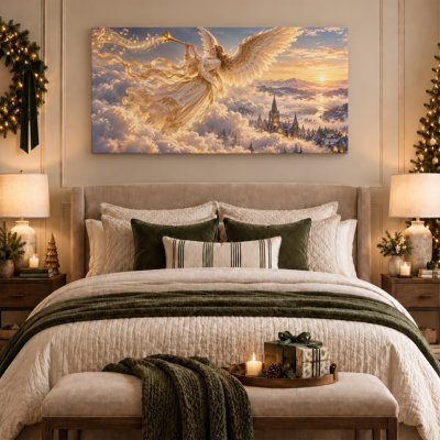 Angel Playing Trumpet With Golden Wings Over Christmas Canvas Wall Art