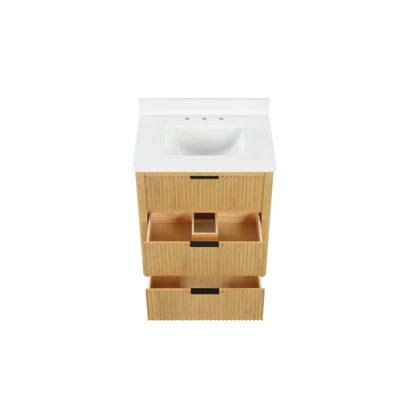 Meuble-lavabo autoportant moderne en chêne doré Coris de marque Tennant, 76 cm (30 po), lavabo simple, comptoir en quartz blanc, entièrement assemblé