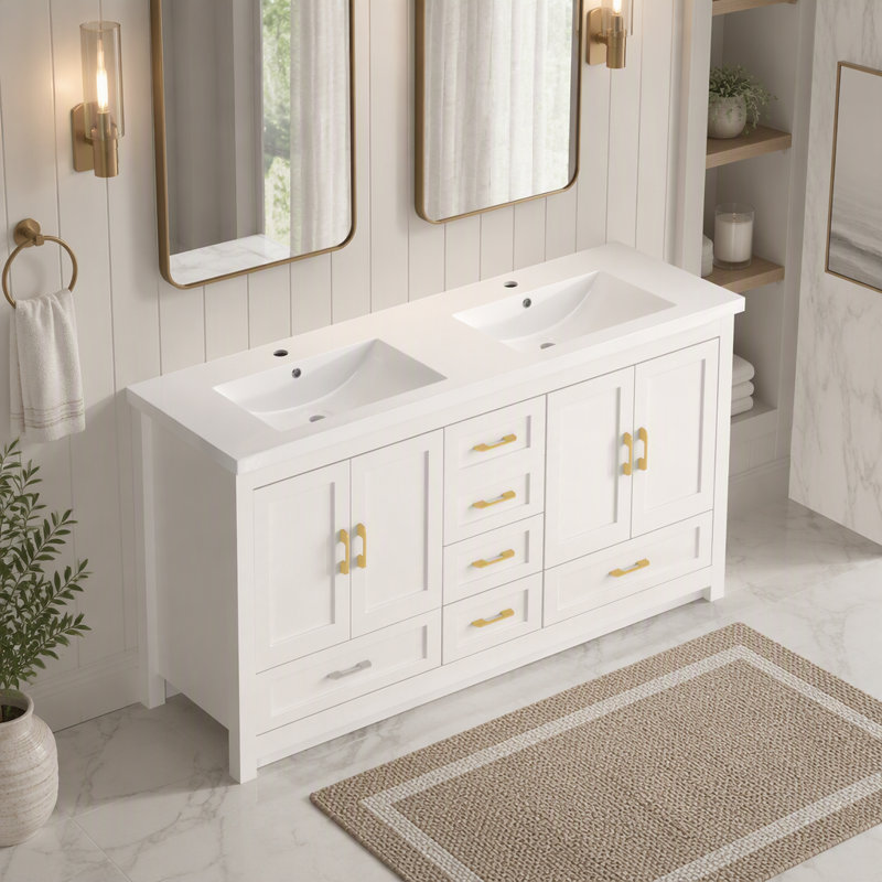 Meuble-lavabo de salle de bain de 60 pouces avec lavabo, armoire de rangement autoportante avec portes et tiroirs, Blanc