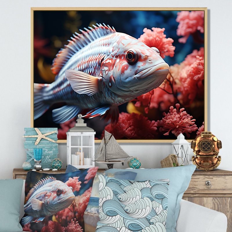 Mono, corail et poisson bleu dansant sur toile, Cadre naturel flottant, H 34 po x l 44 po