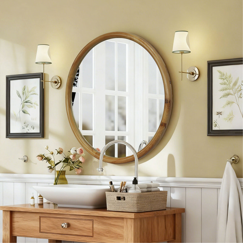 Miroir rond rond avec cadre en bois, miroir circulaire en bois naturel de 31,50 po pour la salle de bain, la chambre à coucher, le vestibule, miroir décoratif moderne Mid-Century