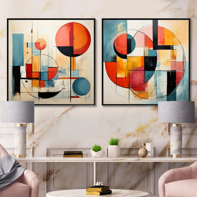 " Orange Blue Mid Century Harmony In Geometry " 2 - Pieces