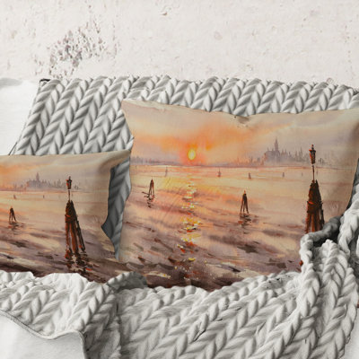 Carré, Panorama de la lagune de Venise au coucher du soleil - Coussin décoratif imprimé nautique et côtier
