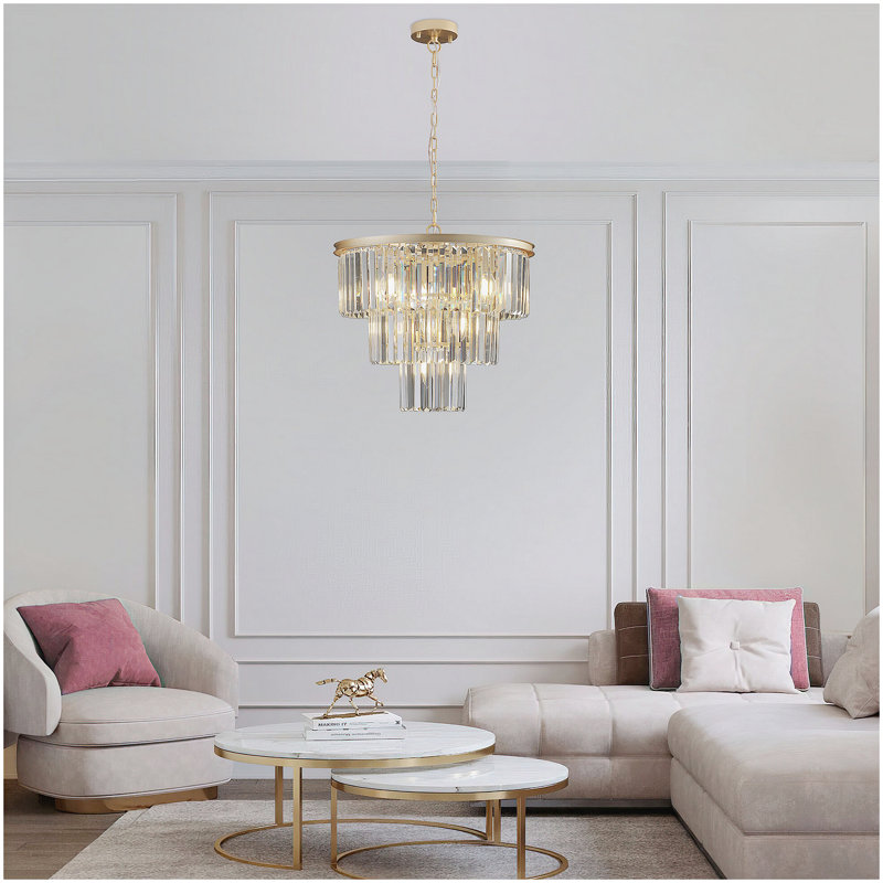 Lustre en cristal de luxe à 3 niveaux de 20 po, luminaire suspendu à cadre doré 7 lumières, éclairage de plafond élégant pour le salon, la salle à manger, la chambre à coucher (sans ampoules)