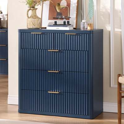 Grooved 5-Drawer Dresser, 34" Tall Farmhouse Bedroom Vanity with Metal Handles, Wood Storage Cabinet for Bedroom, Living Room, Hallway