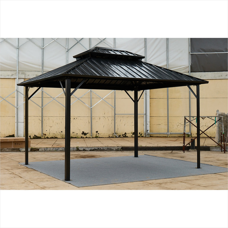 Pavillon de jardin à toit rigide en acier noir avec conception à double toit pour des réceptions en plein air toute l'année