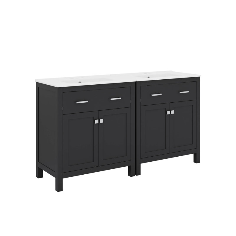Ensemble de meuble-lavabo double 60 po avec lavabo double 60 po, tablette réglable et portes à fermeture en douceur, Noir