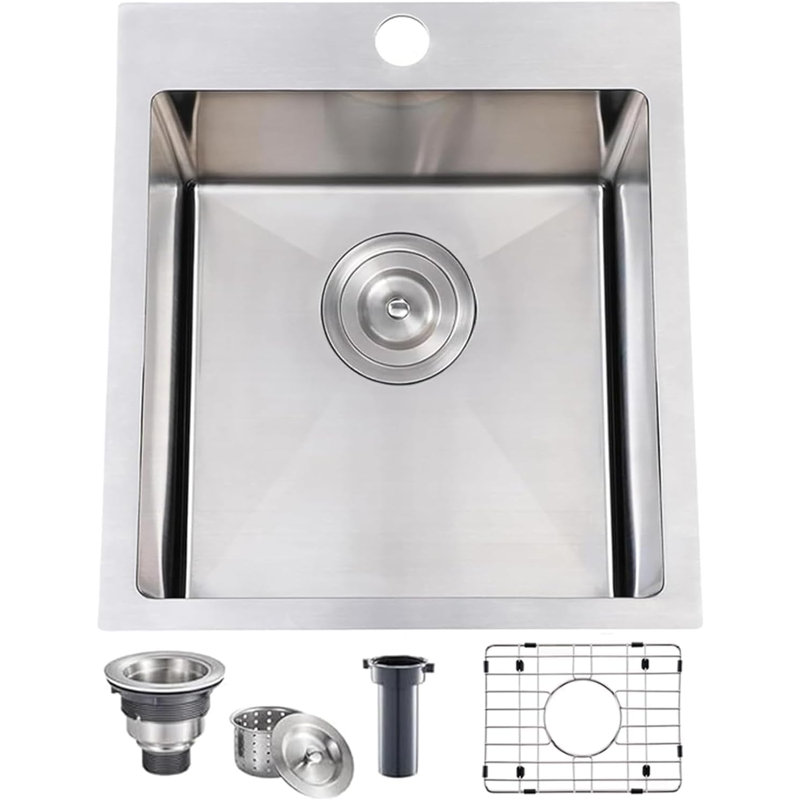 Évier de bar en acier inoxydable fait à la main 15 po x 17 po avec grille et drain, Noir mat